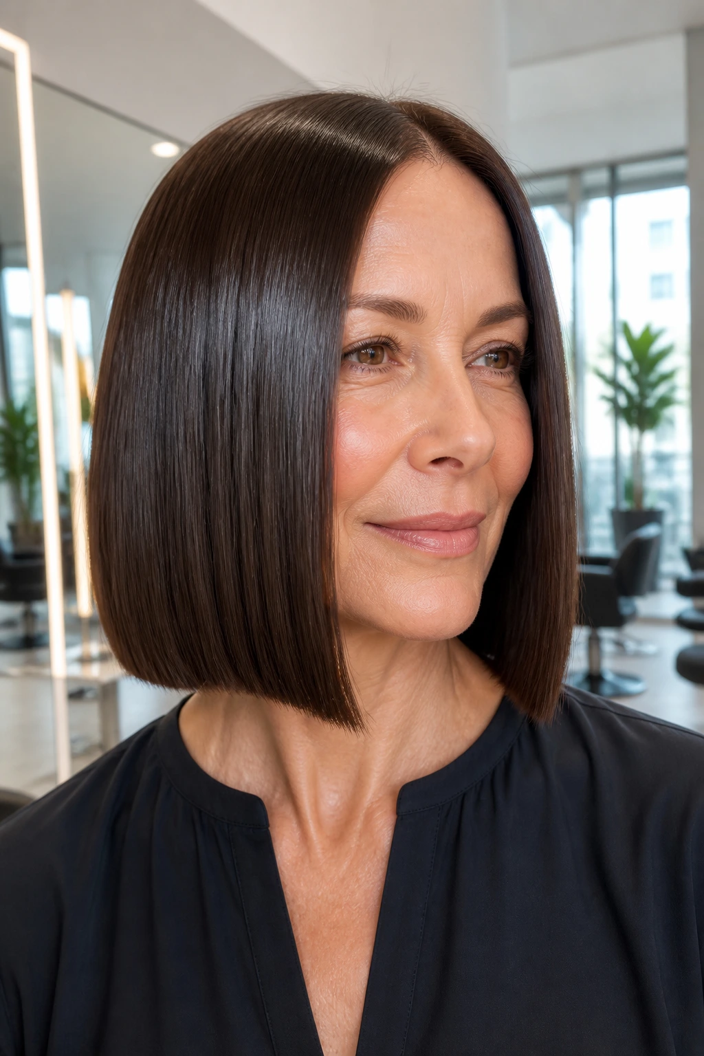 Close-up portrait of a real woman with a glassy, blunt long bob in a salon setting; hair is straight and shiny.