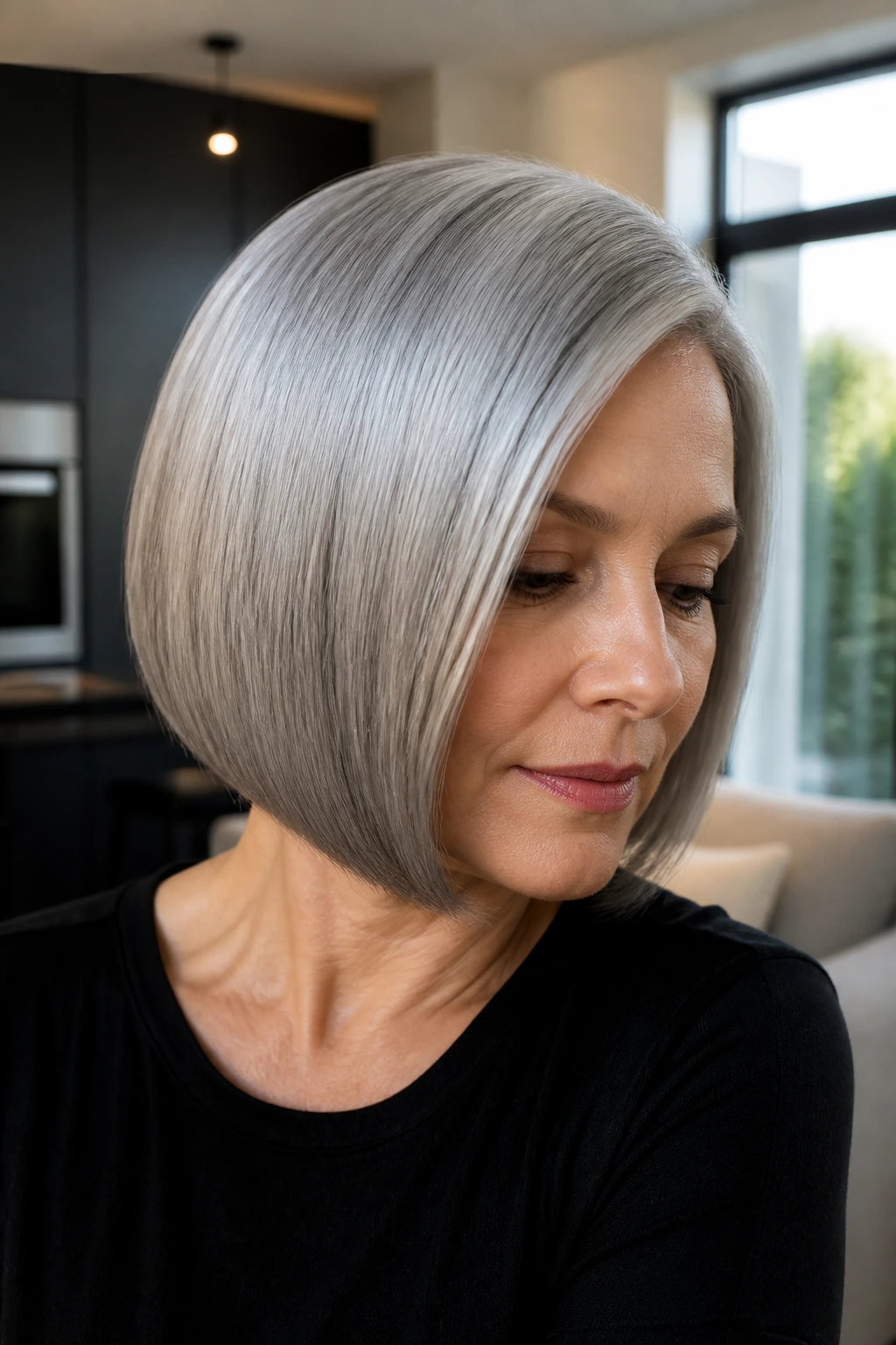 Close-up of a real woman with a glassy sleek silver bob under natural light