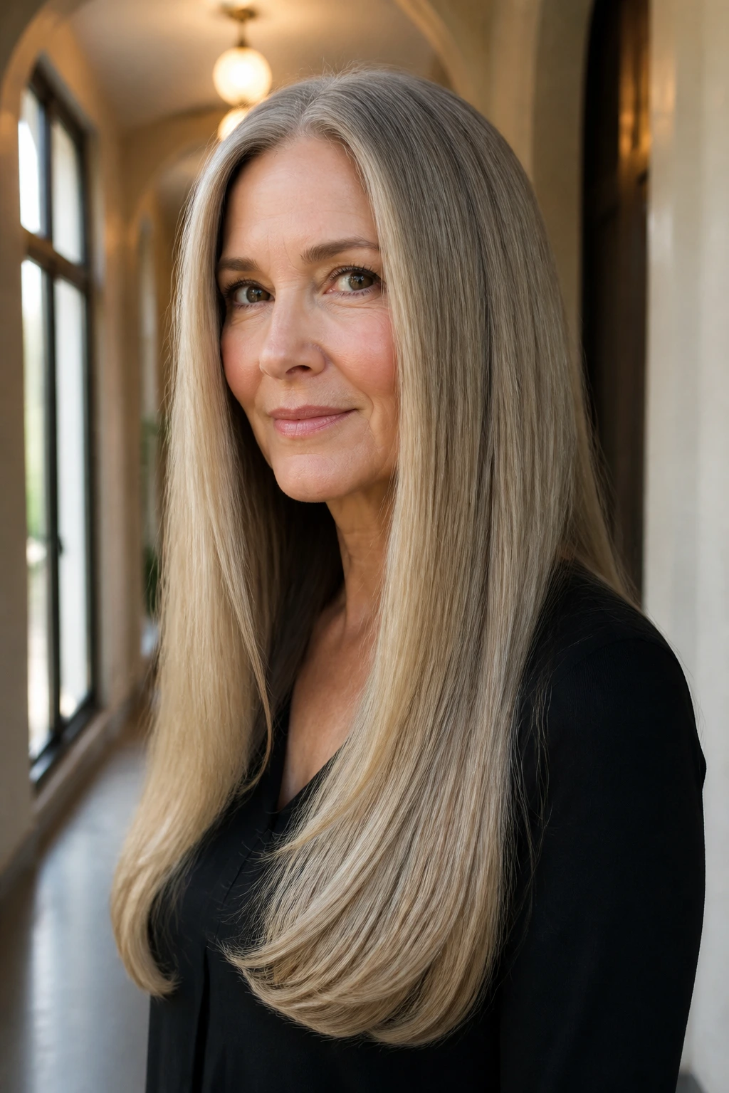 Close-up of a real woman with glassy straight long hair and a subtle bend at the ends.