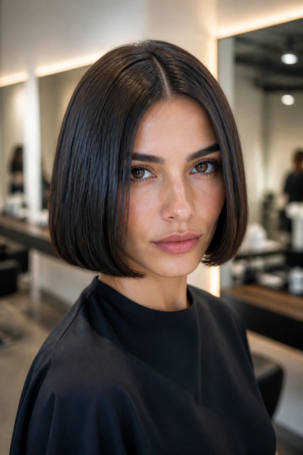 Close-up of a real woman with a glassy straight Italian bob