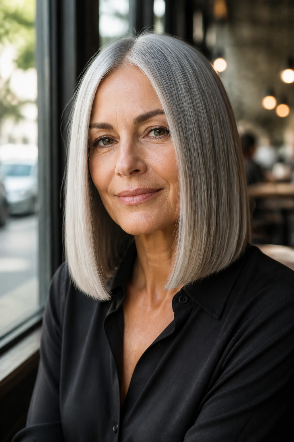 Portrait of woman with glassy straight lob at collarbone length