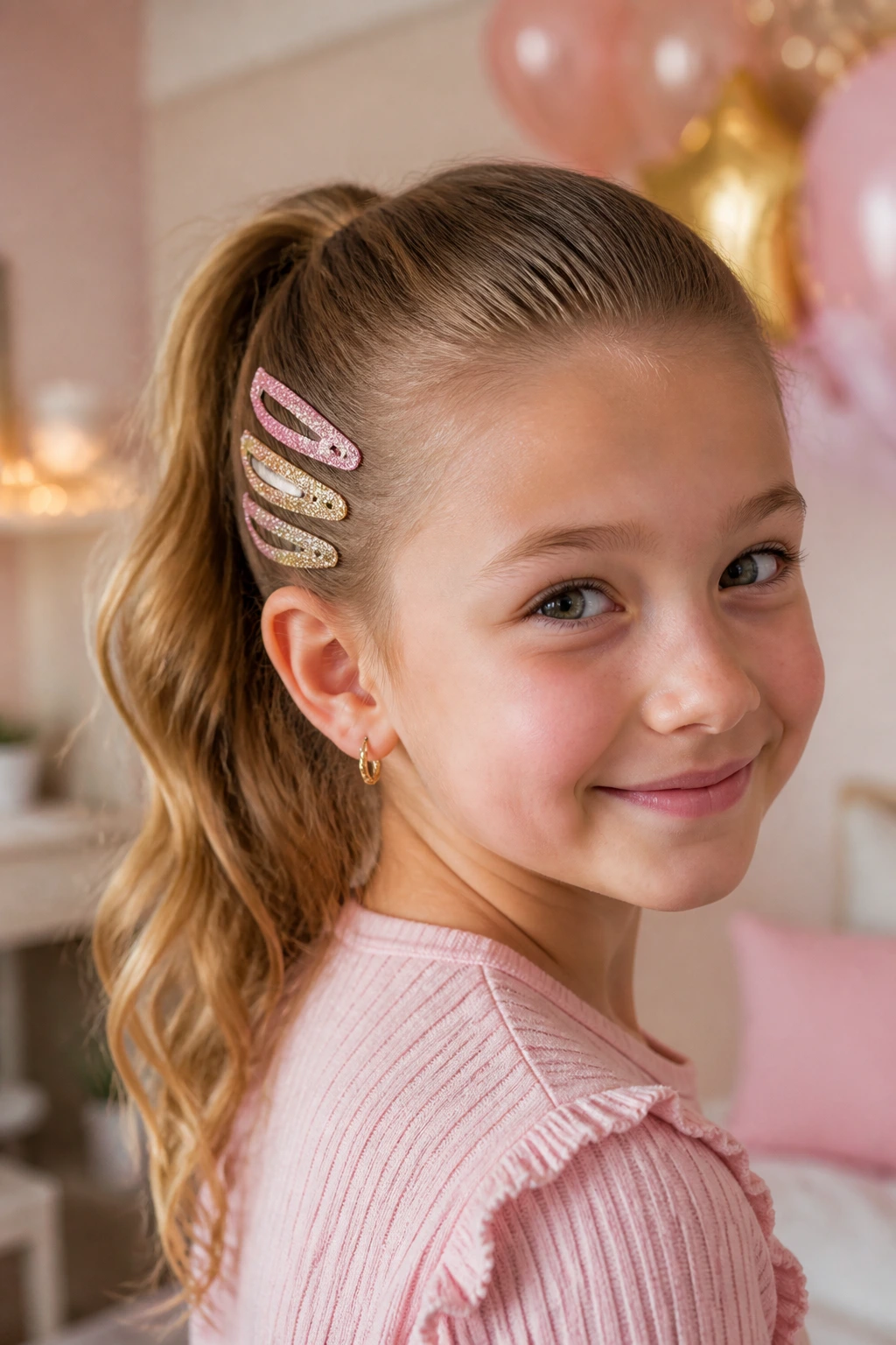 Child with glitter clips on a pony in a festive hairstyle.