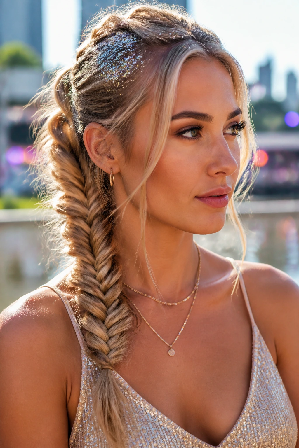 Close-up portrait of real person with glitter-accented fishtail braid