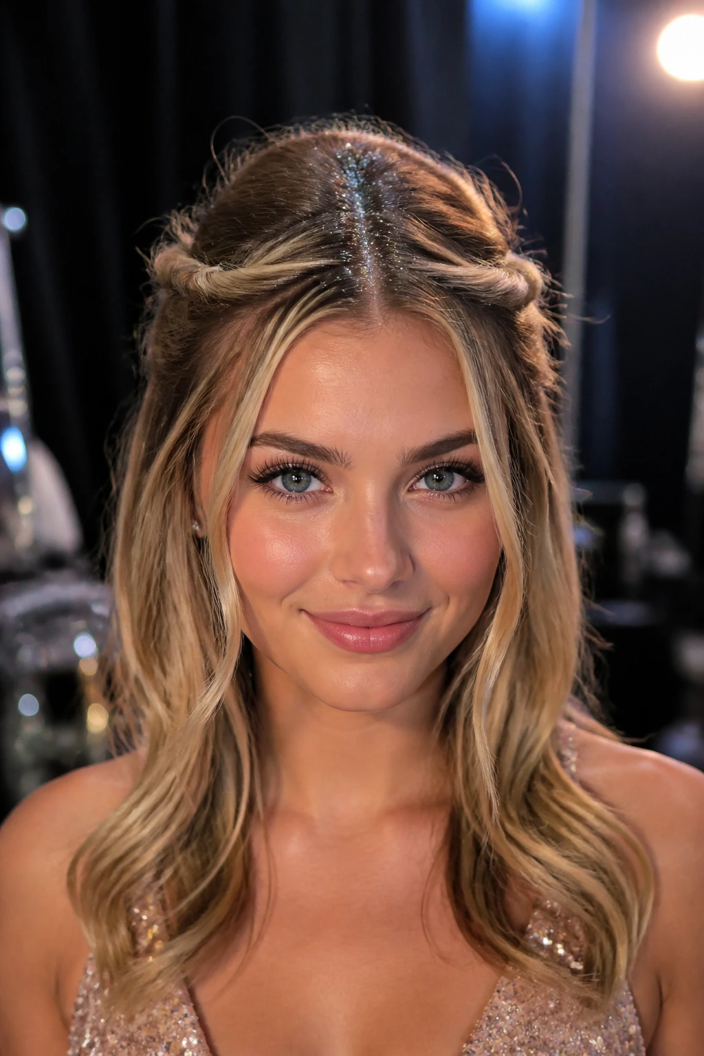 Close-up portrait of a real woman with glitter-part half-up and twisted crown