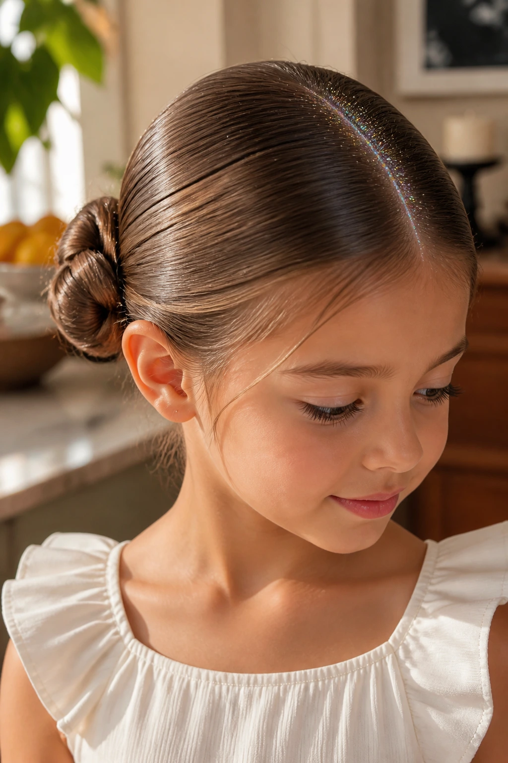 Close-up of a girl's glitter-part knot hairstyle in sunlit room