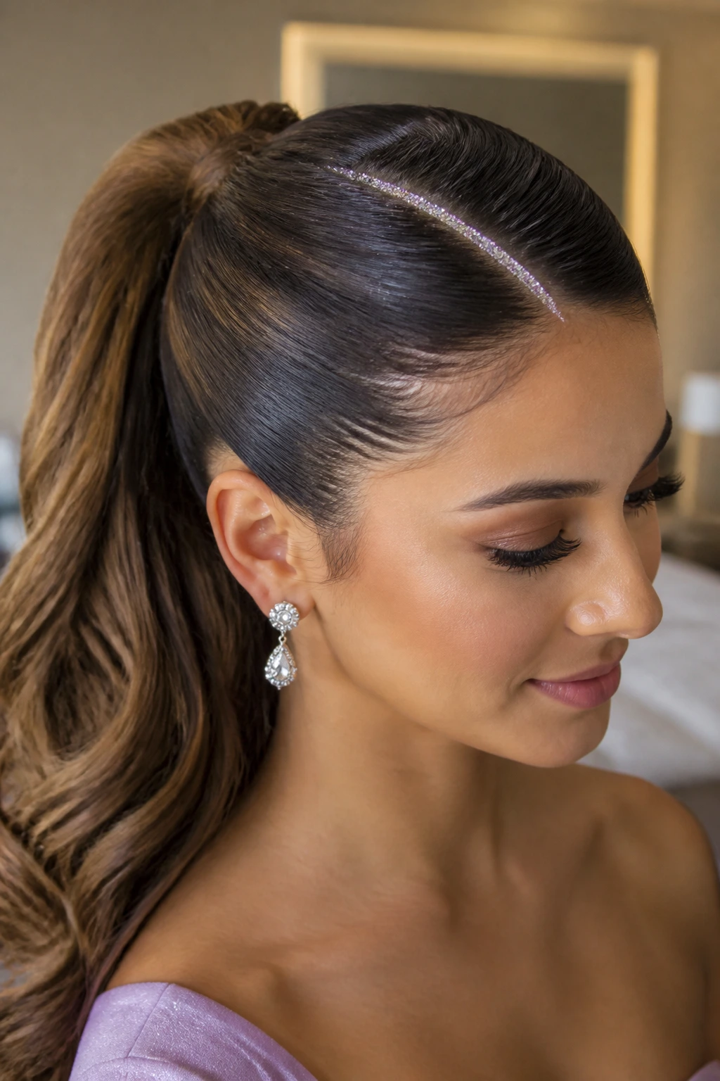 Close-up of a real woman with a glitter-part ponytail