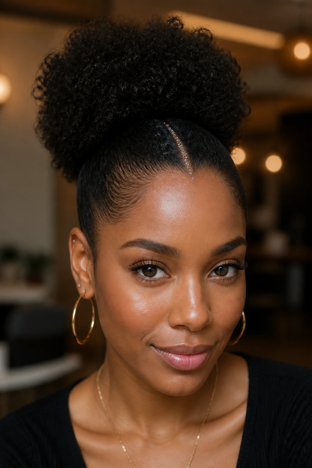 Close-up of a puff with a glitter part line on a real woman's head