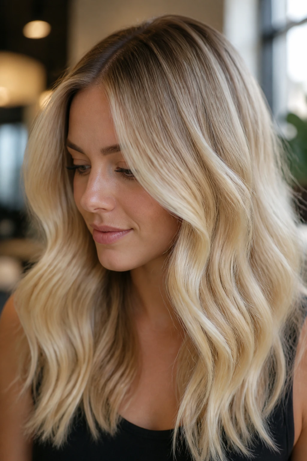 Close-up portrait of a woman with glossy blonde hair and subtle root melt in a warm salon