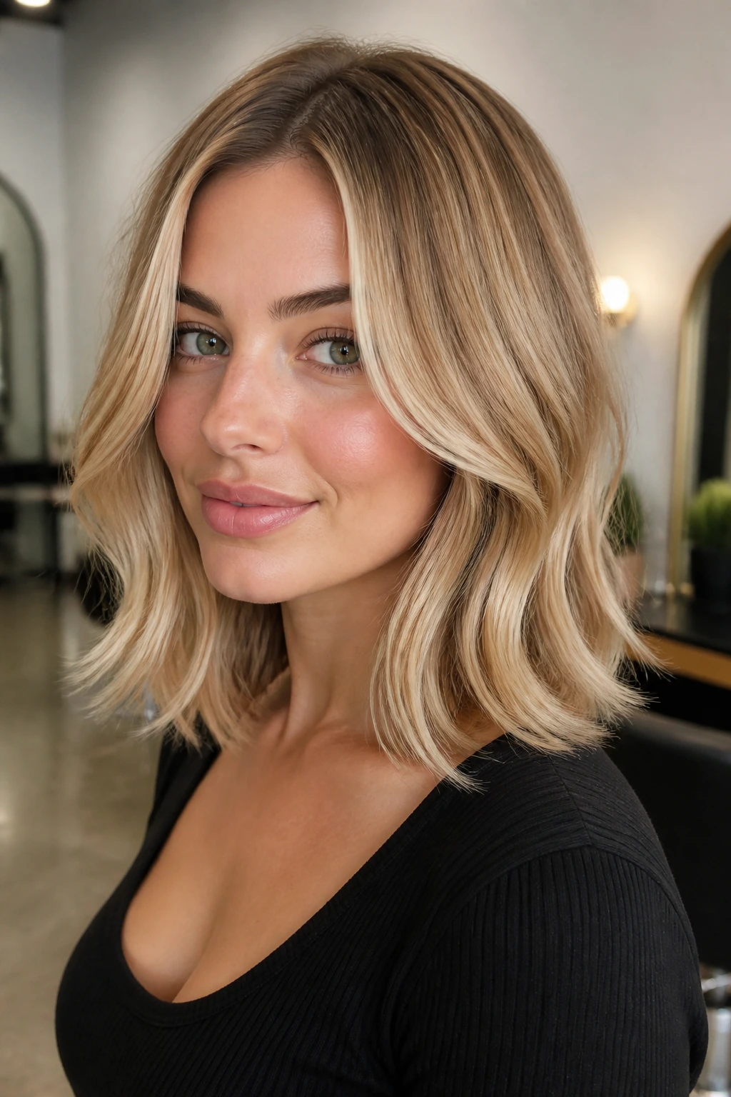 Portrait of a woman with glossy blonde hair and subtle root shadow
