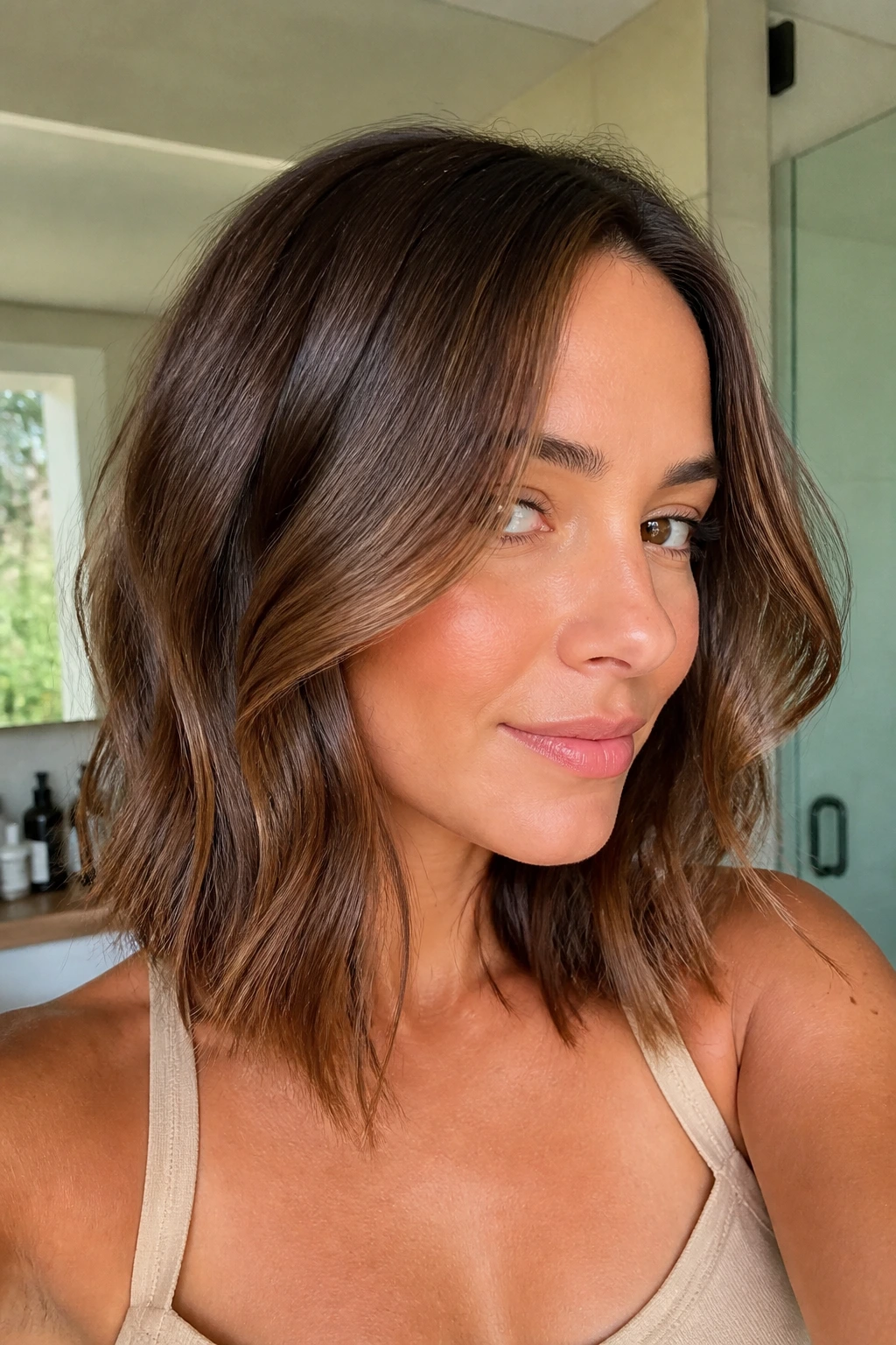 Close-up brunette with glossy dimension and subtle texture