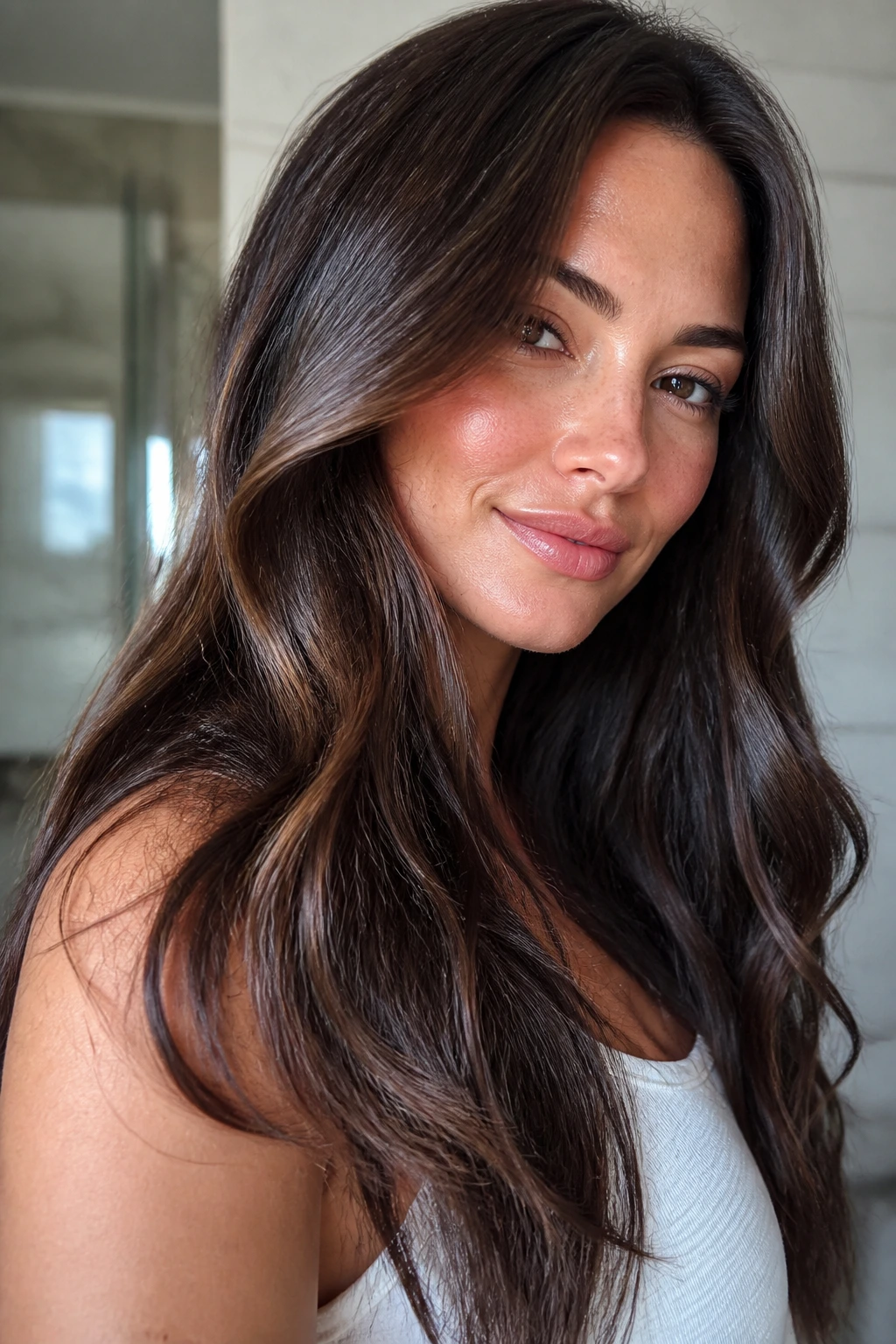Close-up of glossy brunette hair with rich shine.