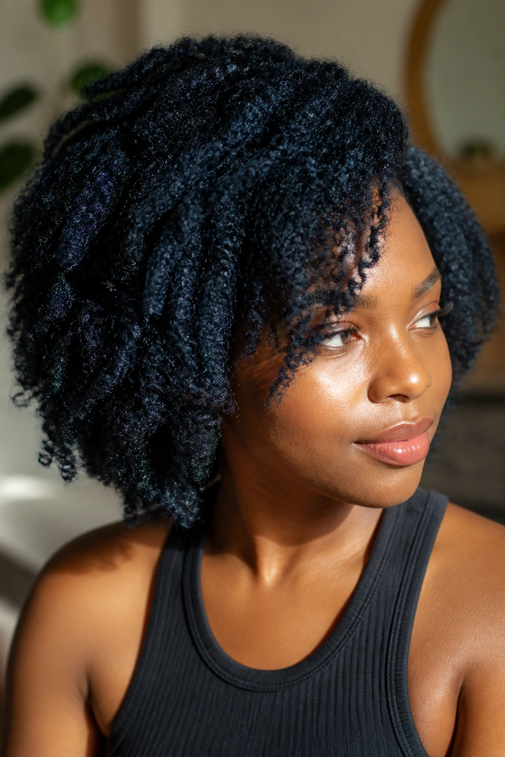 Close-up portrait of a real person with glossy blue-black hair