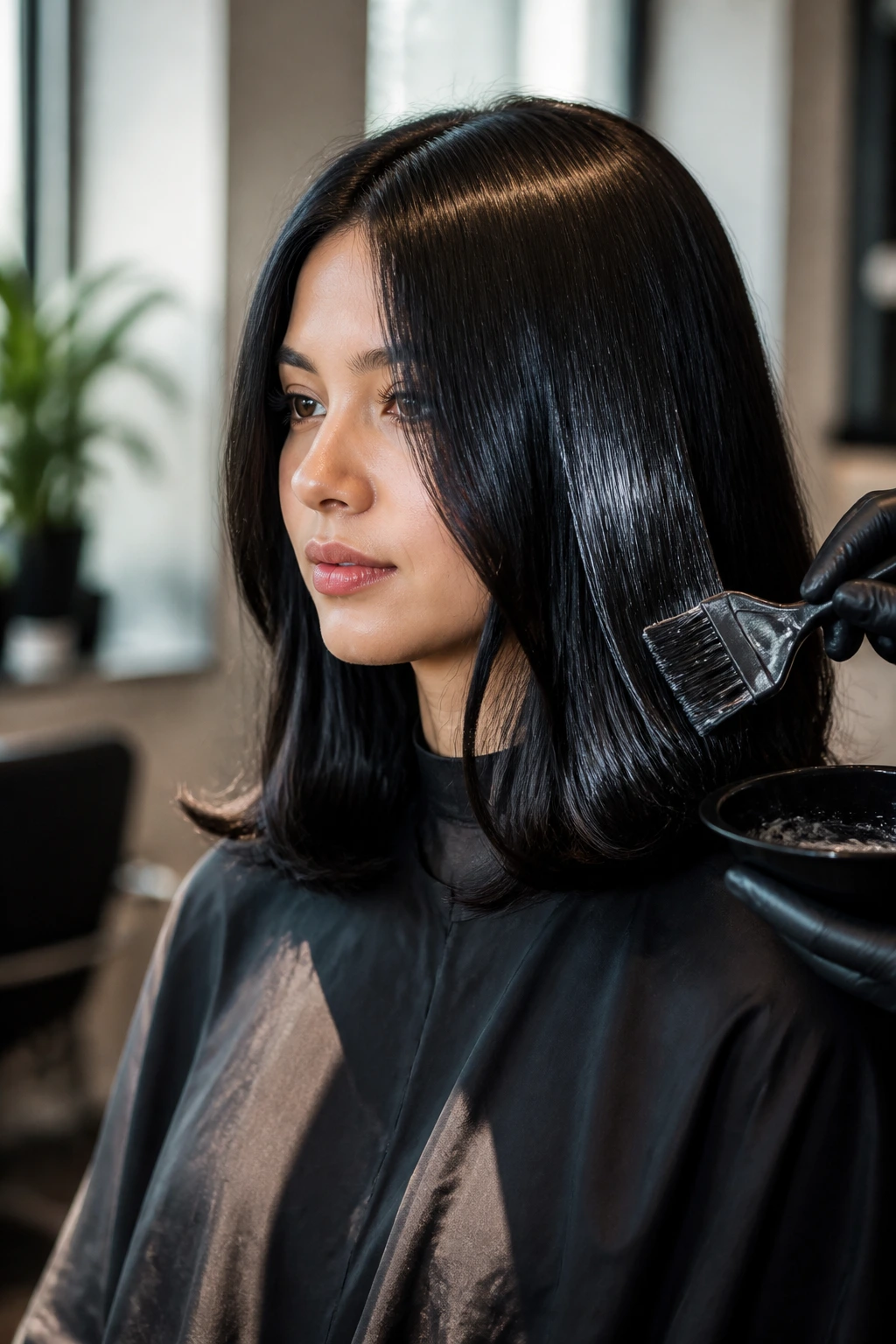 Close-up of glossy shoulder-length black hair with a glossy finish in a salon