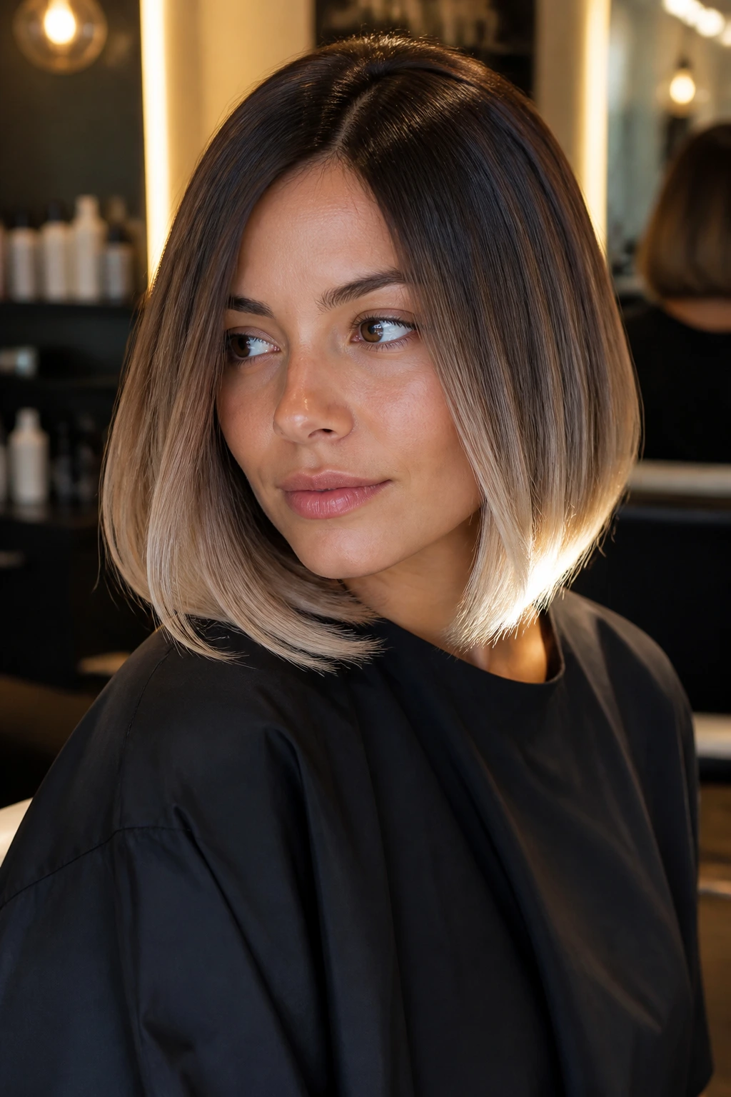 Real person with glossy, smooth ombre ends in salon lighting