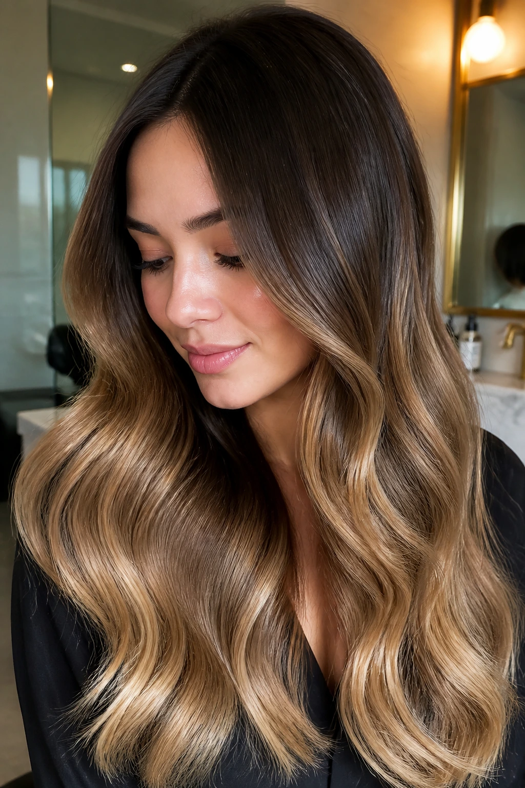 Close-up of a real woman's glossy ombre hair in a warm salon or bathroom setting