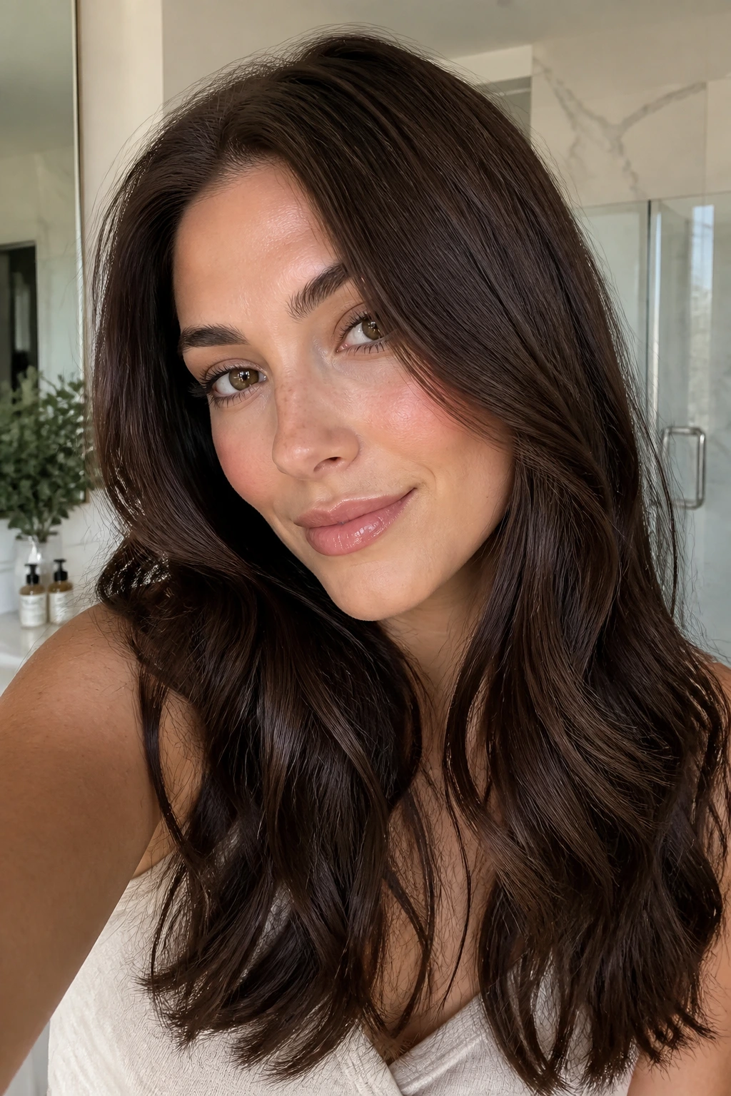 Close-up of a real woman with glossy dark chocolate brown hair in a bright bathroom