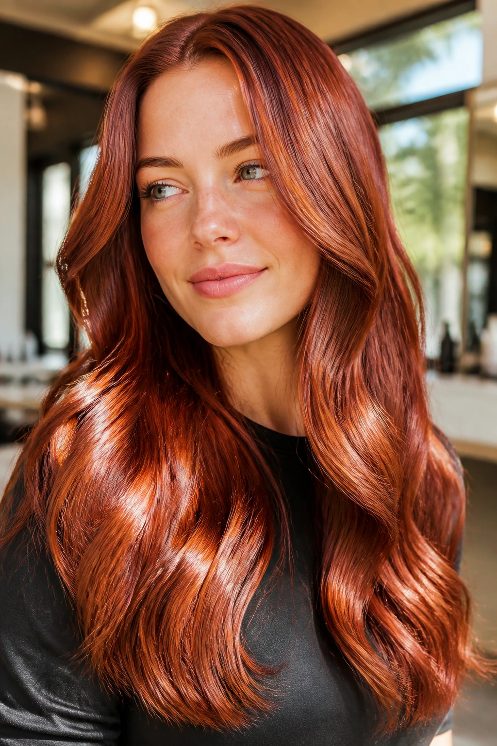 Close-up of glossy red hair on a real person in a bright salon lighting