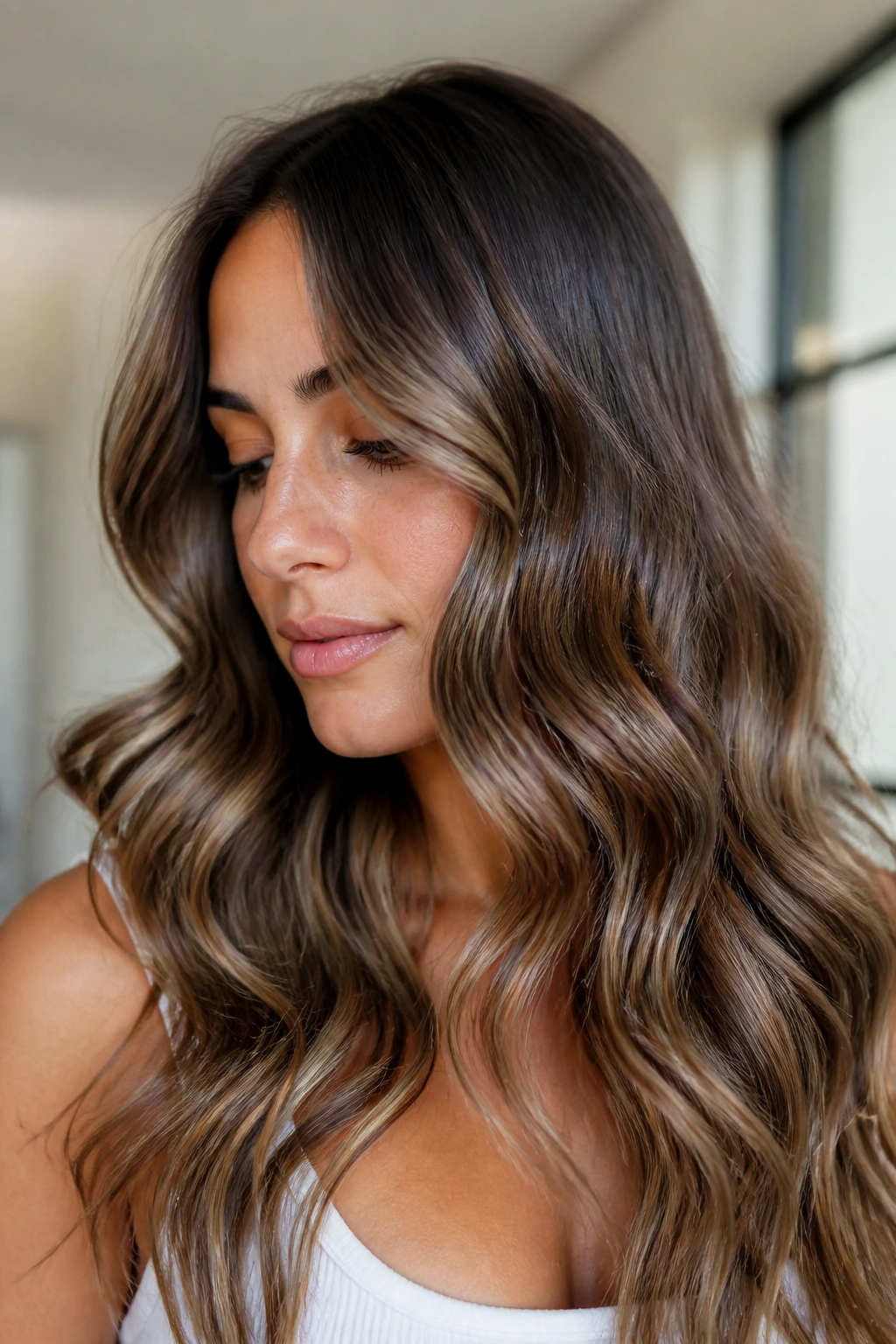 Close-up of a real woman with glossy waves on mids and ends in soft indoor light