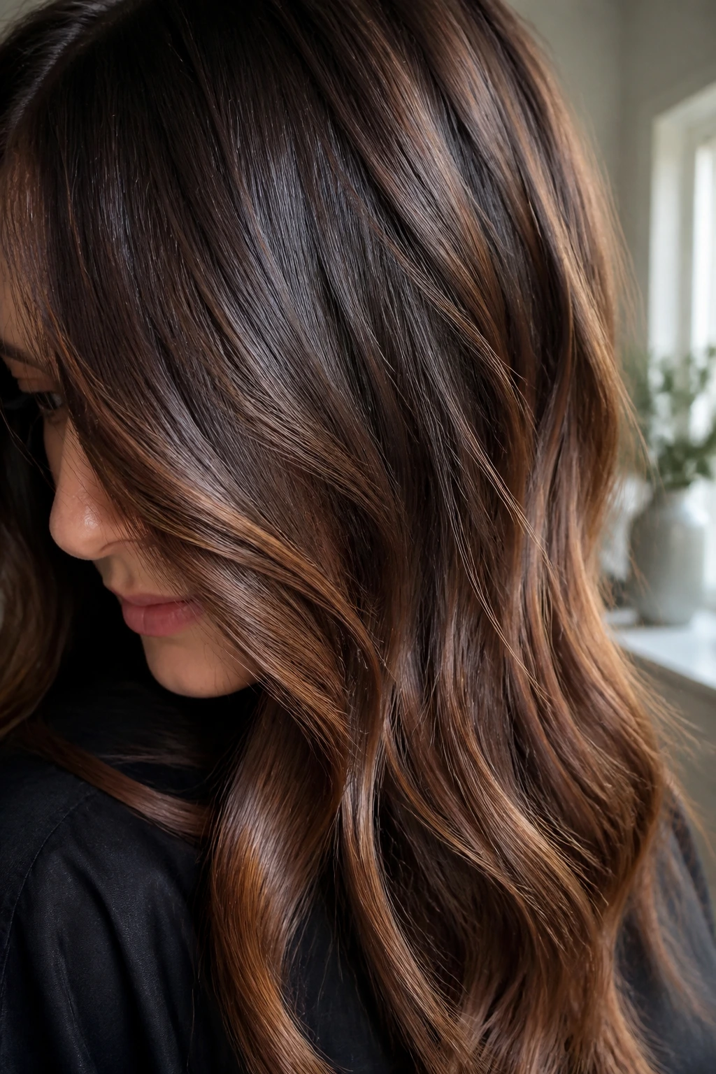 Close-up of glossy brunette hair showing shine and depth on a real person