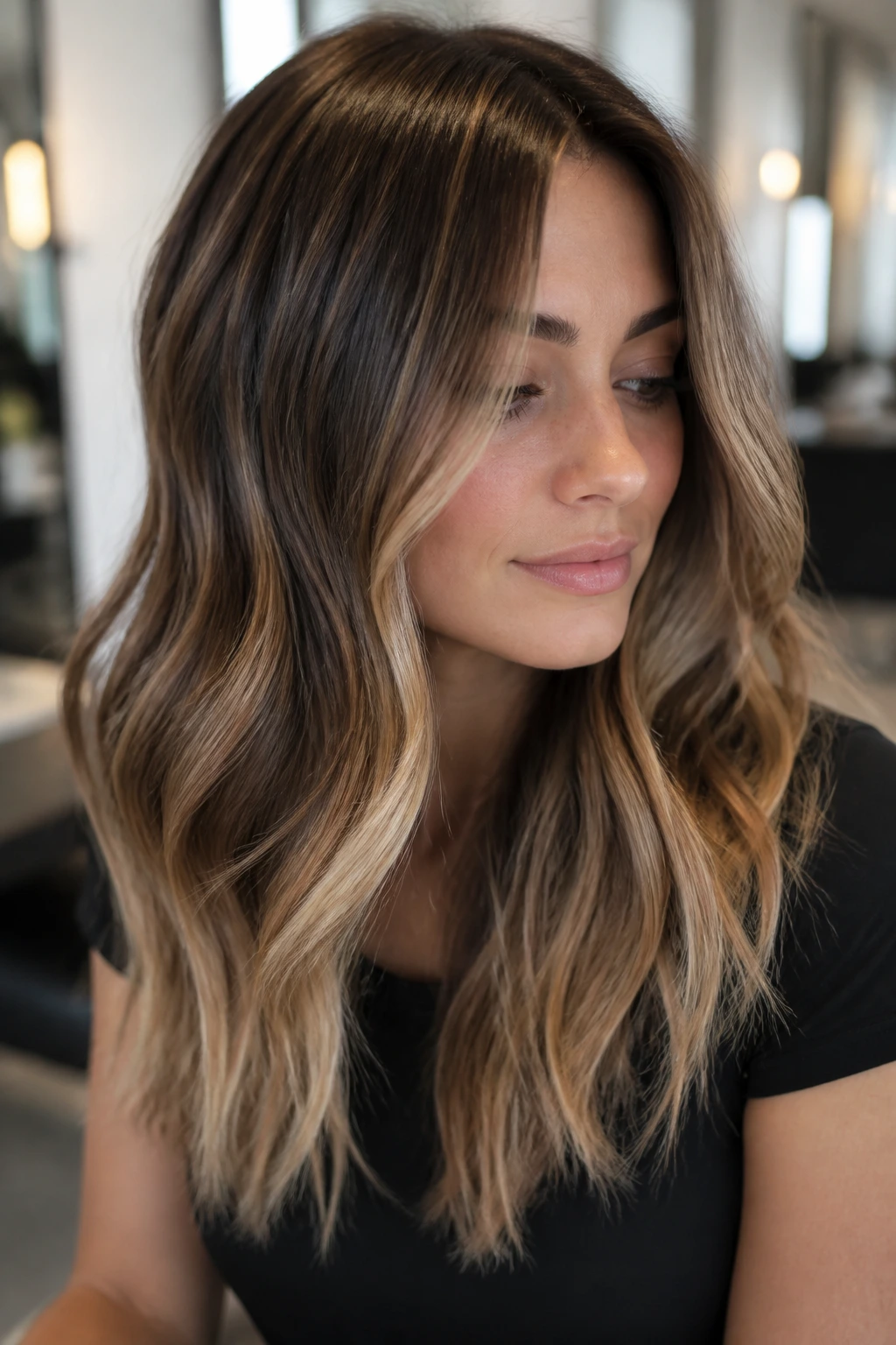 Woman with shiny glossy hair in soft salon lighting
