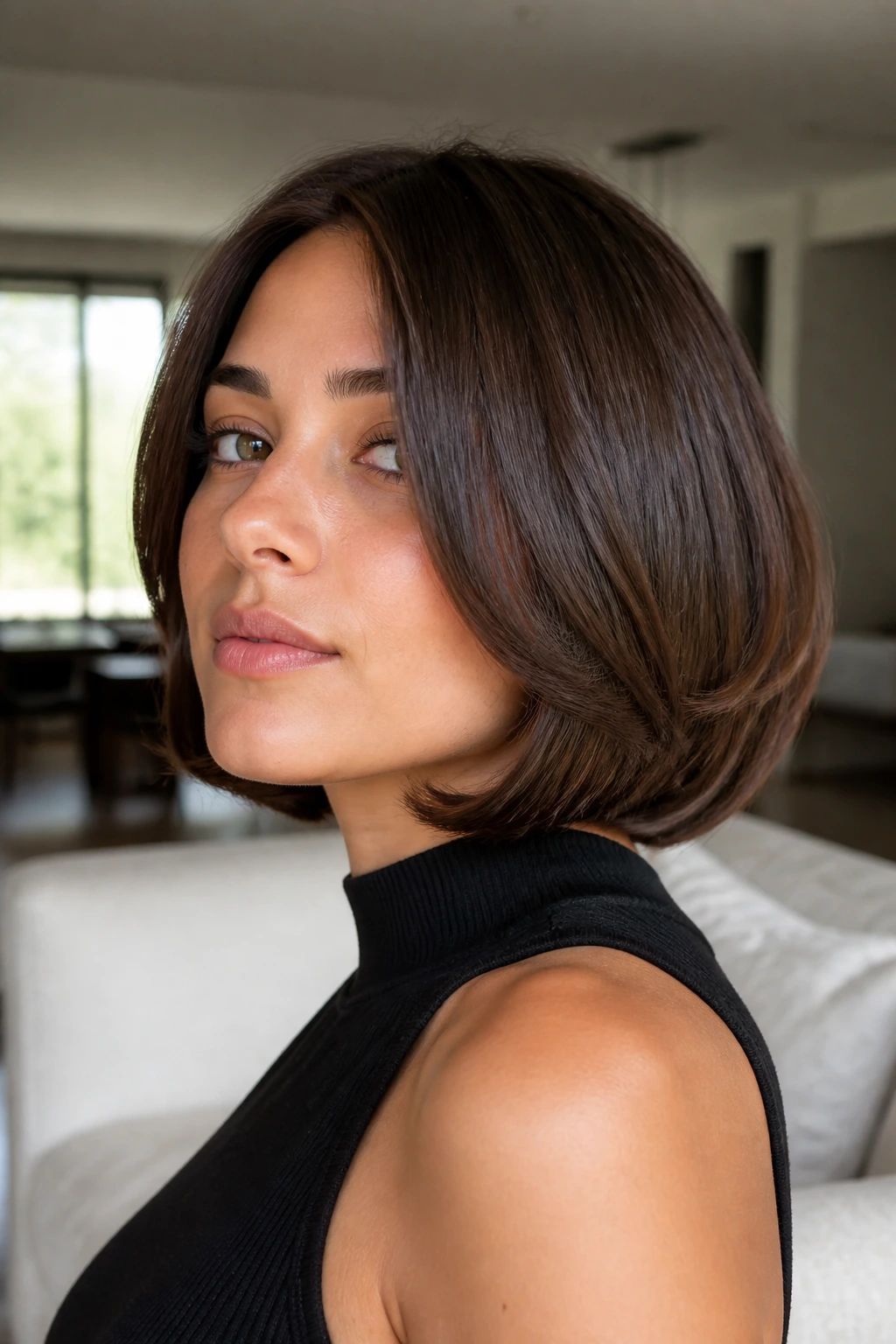 Close-up of a woman with glossed blowout bob in a bright home setting.