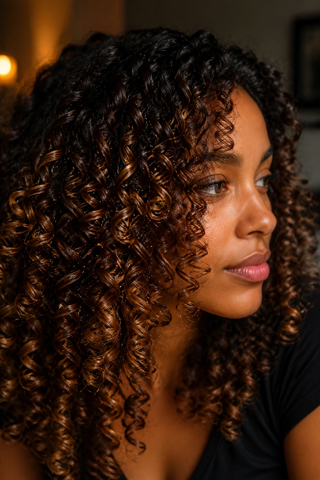 Close-up of glossy honey glaze on dark curls