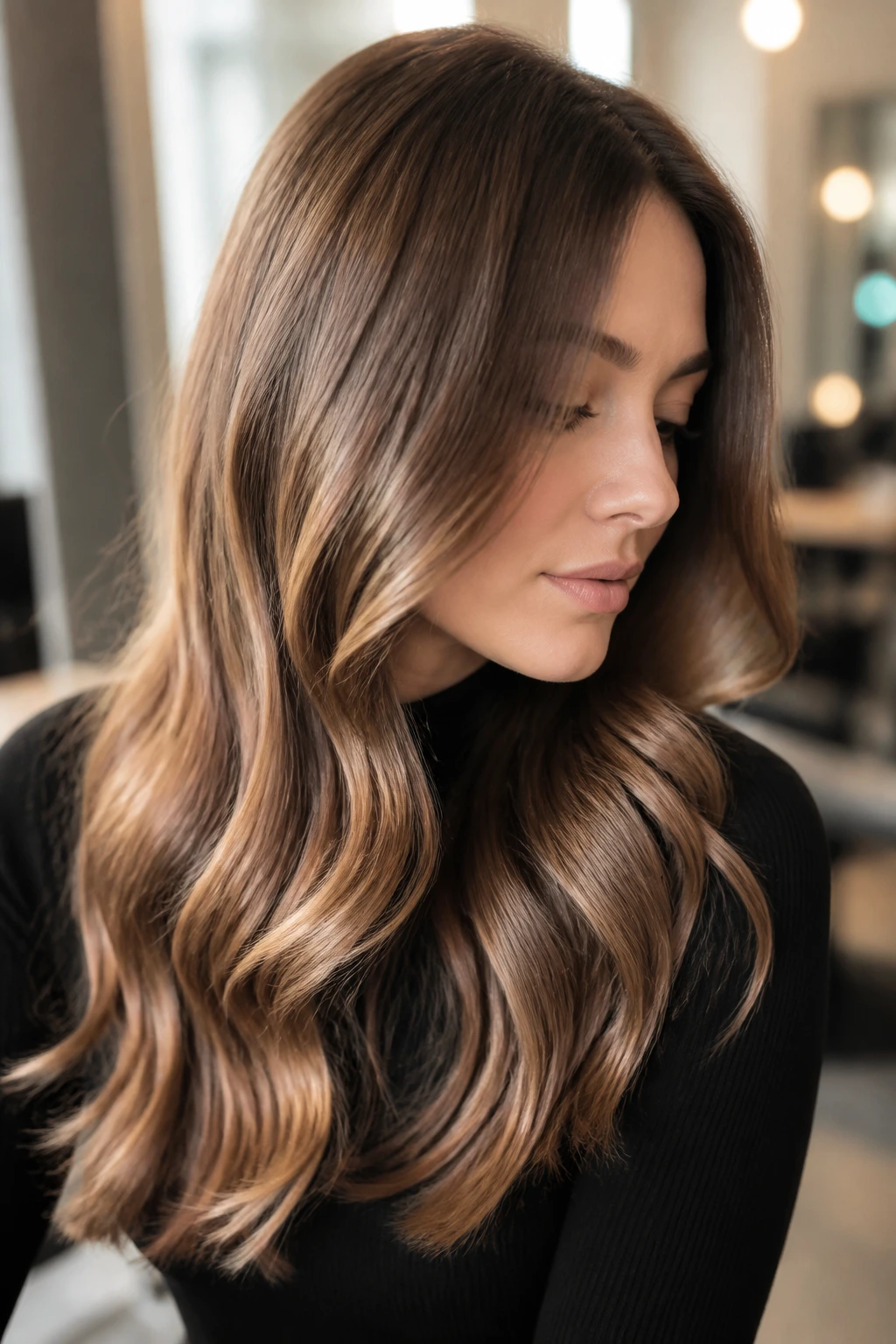 Close-up of glossy hair with enhanced shine and subtle tint