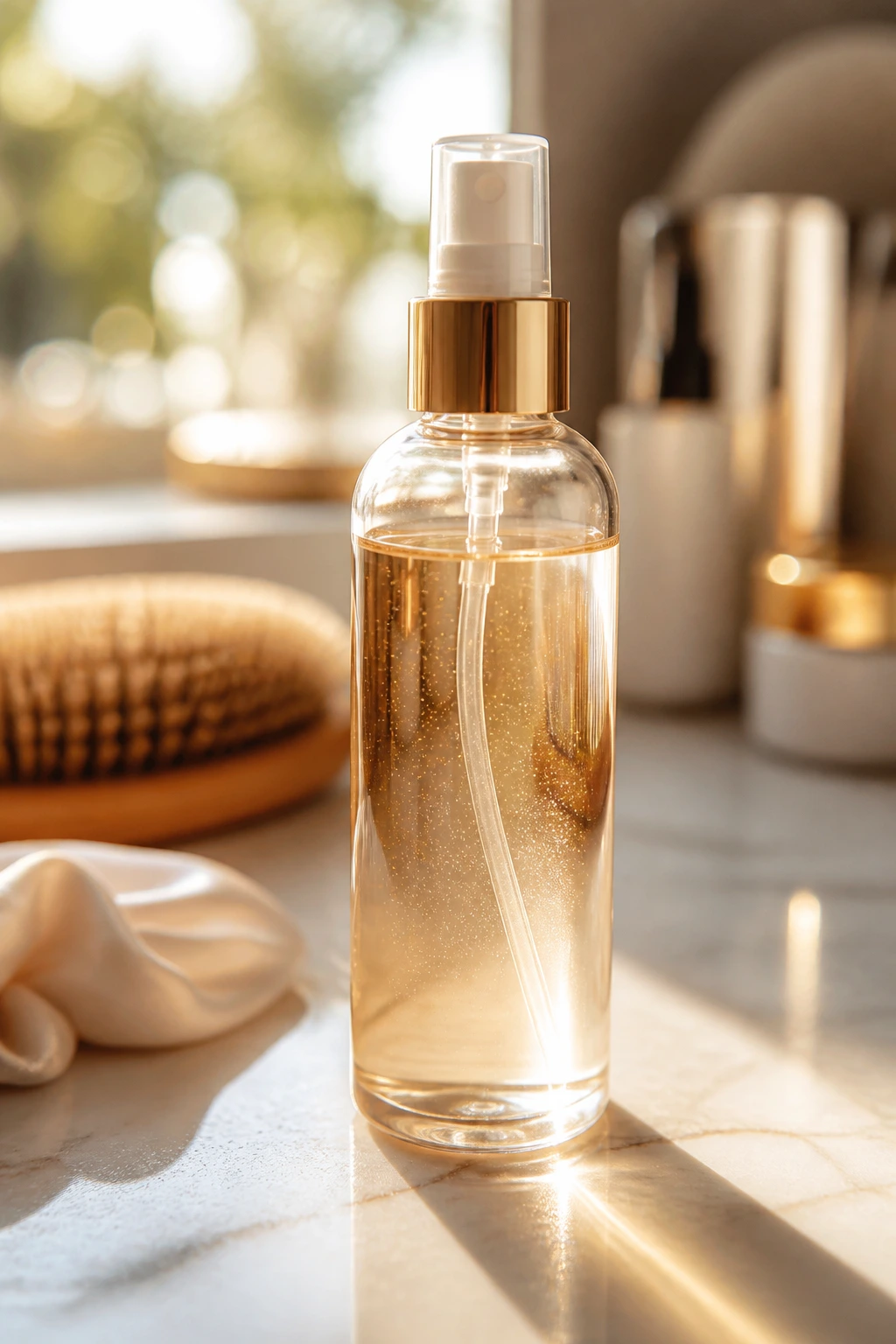 Close-up of glossing spray bottle on a bathroom vanity