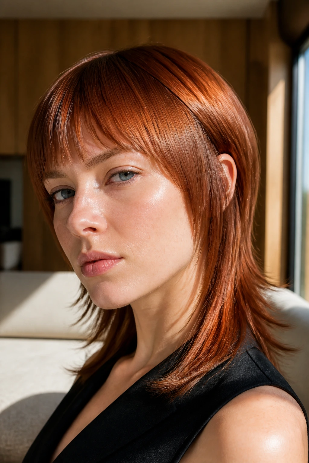 Real person with glossy straight auburn mullet in a warm, wood-toned room
