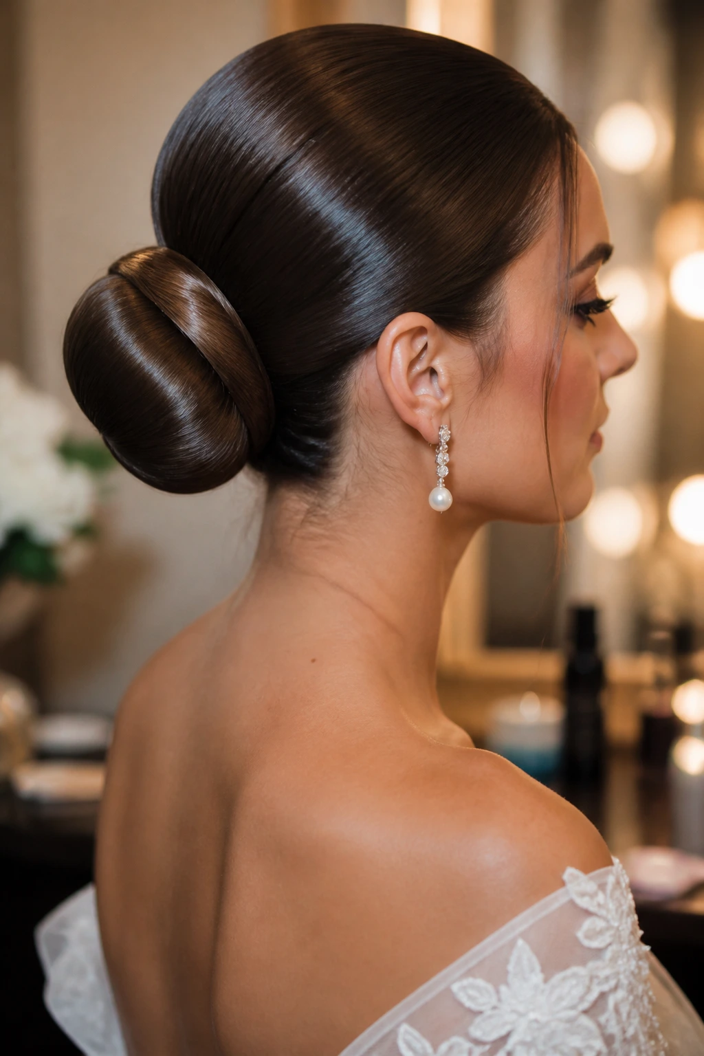Bride with glossy ballet bun in warm light