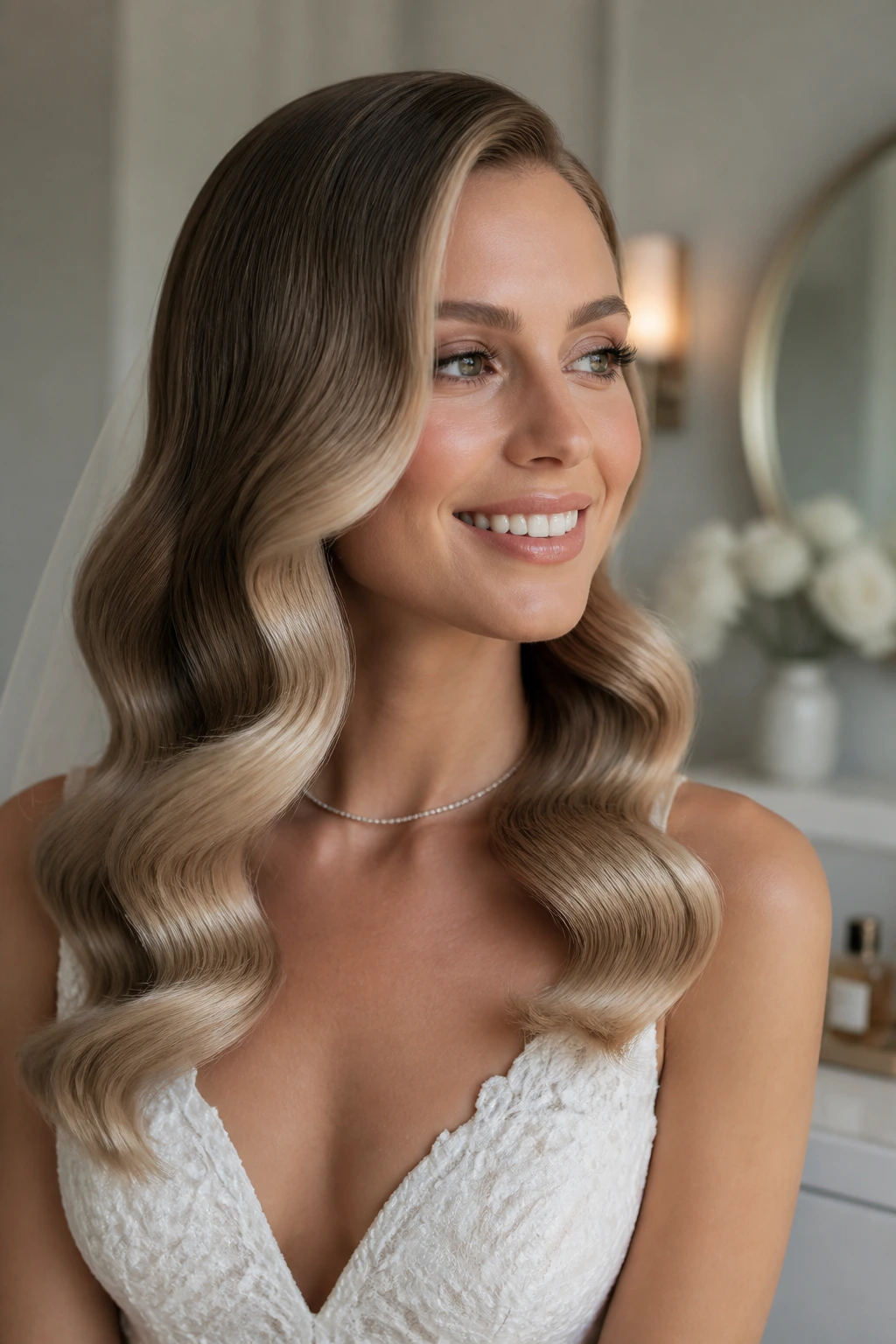 Close-up of a bride with glossy barrel waves in a modern bridal suite