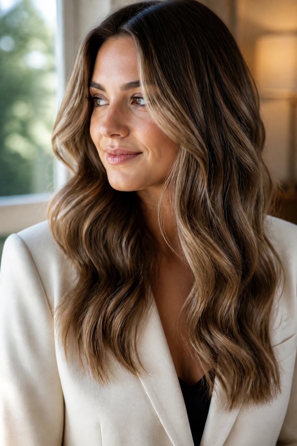 Close-up of a real woman with glossy, polished beach waves for a dressier look