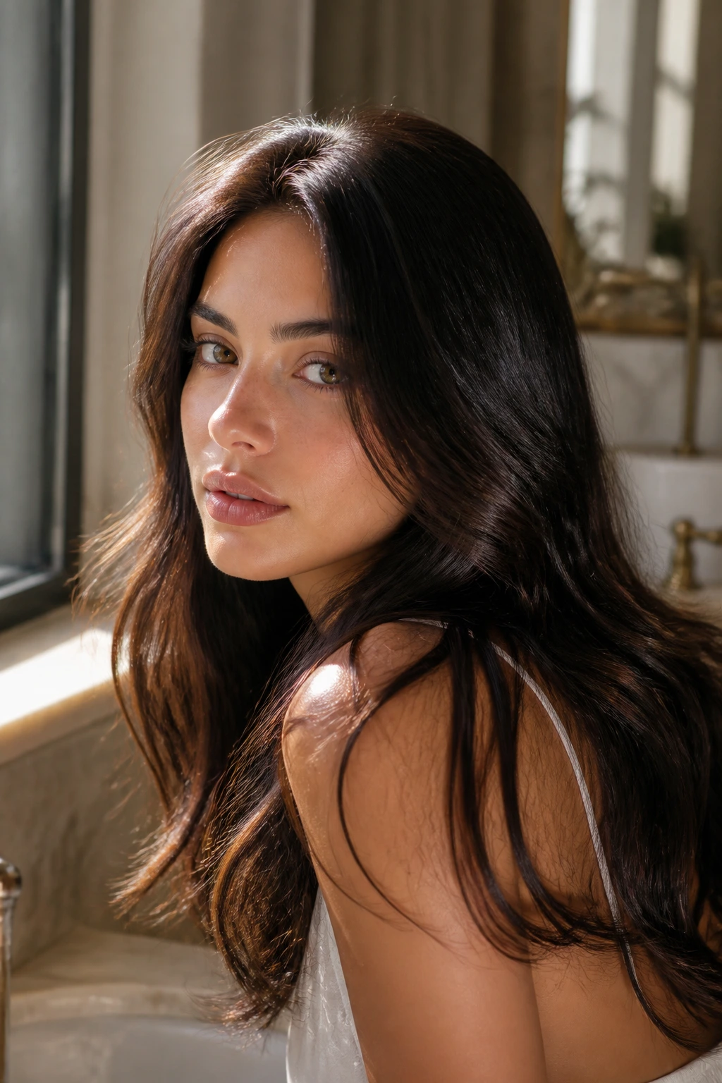 Close-up of a real woman with glossy black-brunette hair and sun-warmed shine.