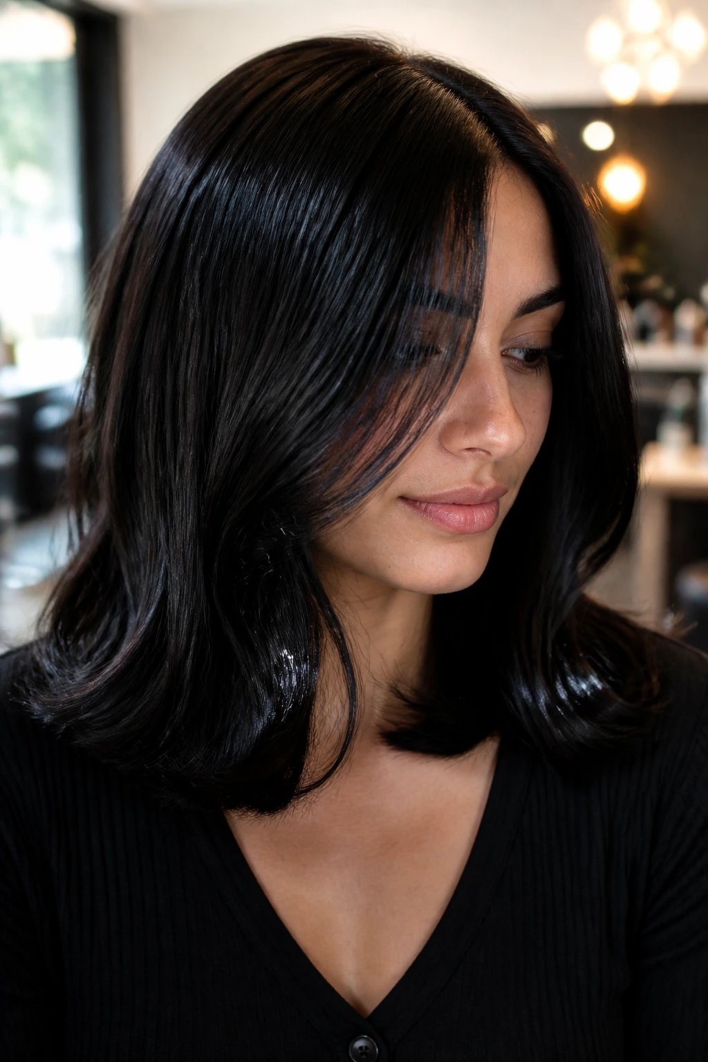 Close-up of glossy black hair ends on a real person in a warm salon setting