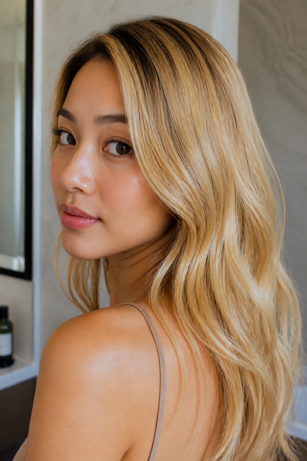 Close-up of glossy blonde hair on a real person in a softly lit bathroom vanity