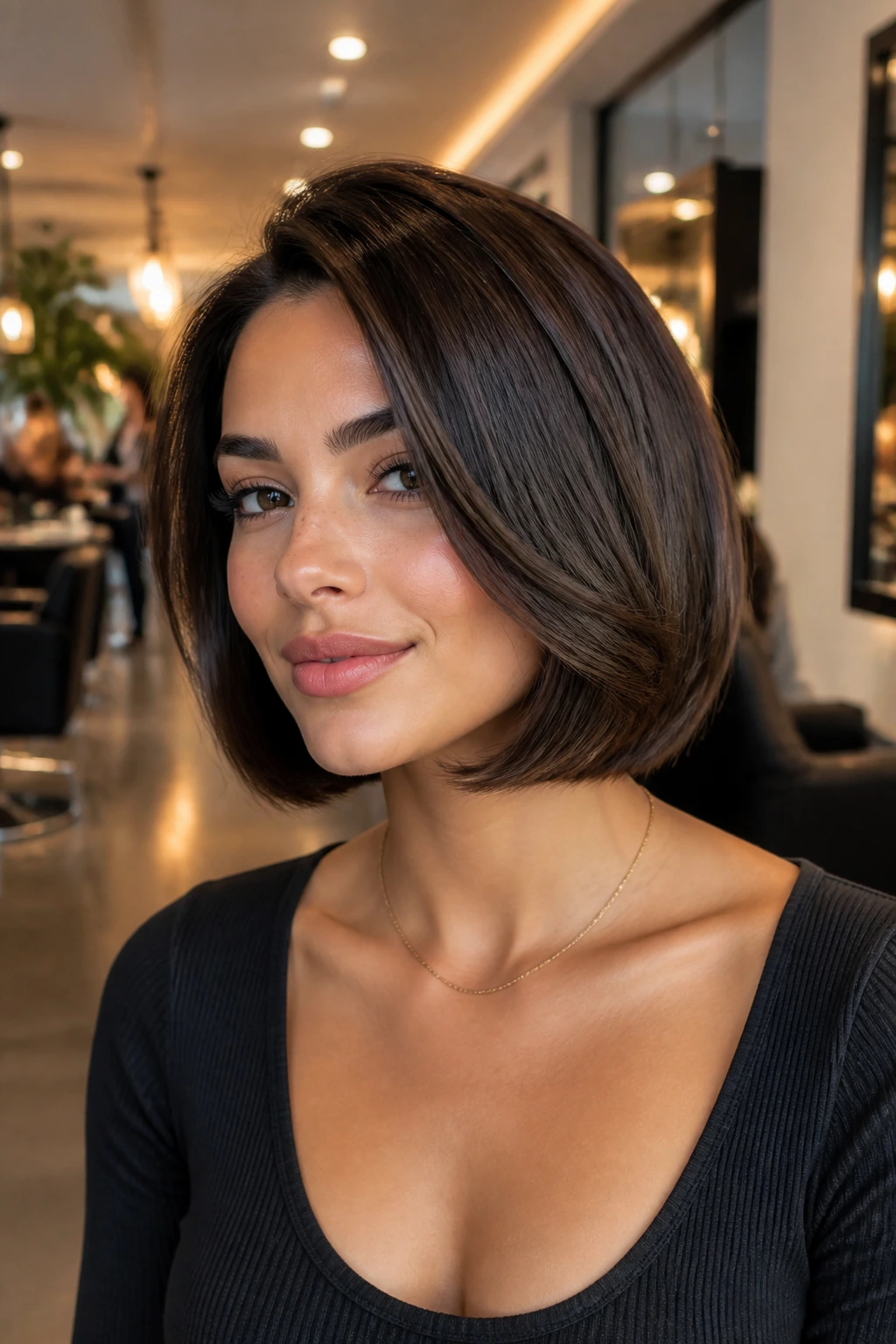 Real person with a glossy blowout Italian bob; smooth roots and rounded perimeter.