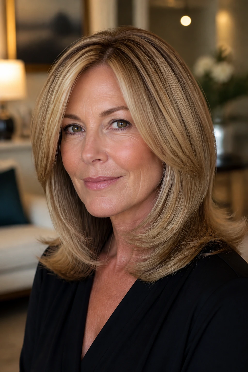 Real woman with glossy blowout layers and salon finish