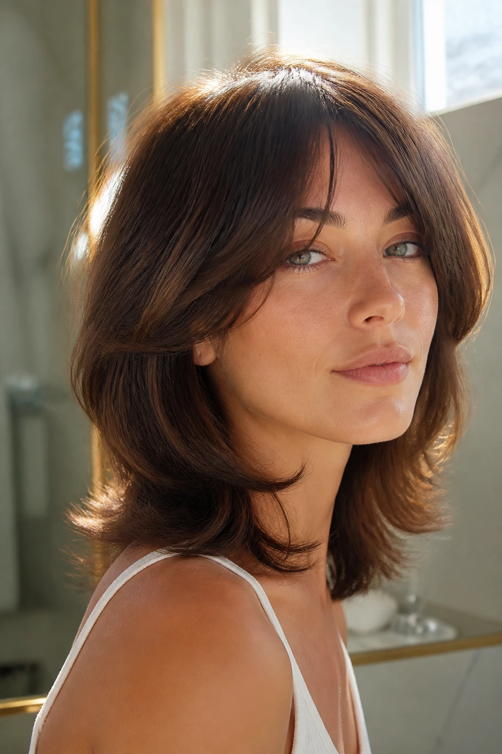 Real woman with glossy blowout shag showing shiny, smooth layers