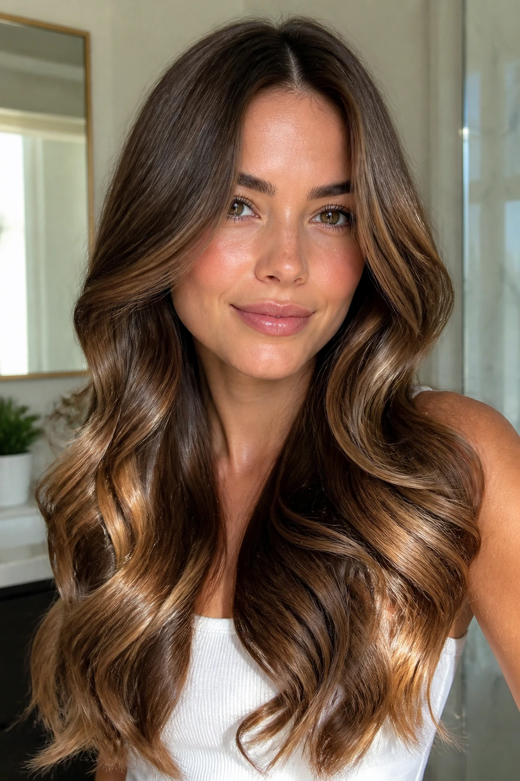 Close-up of a real person with glossy blowout waves