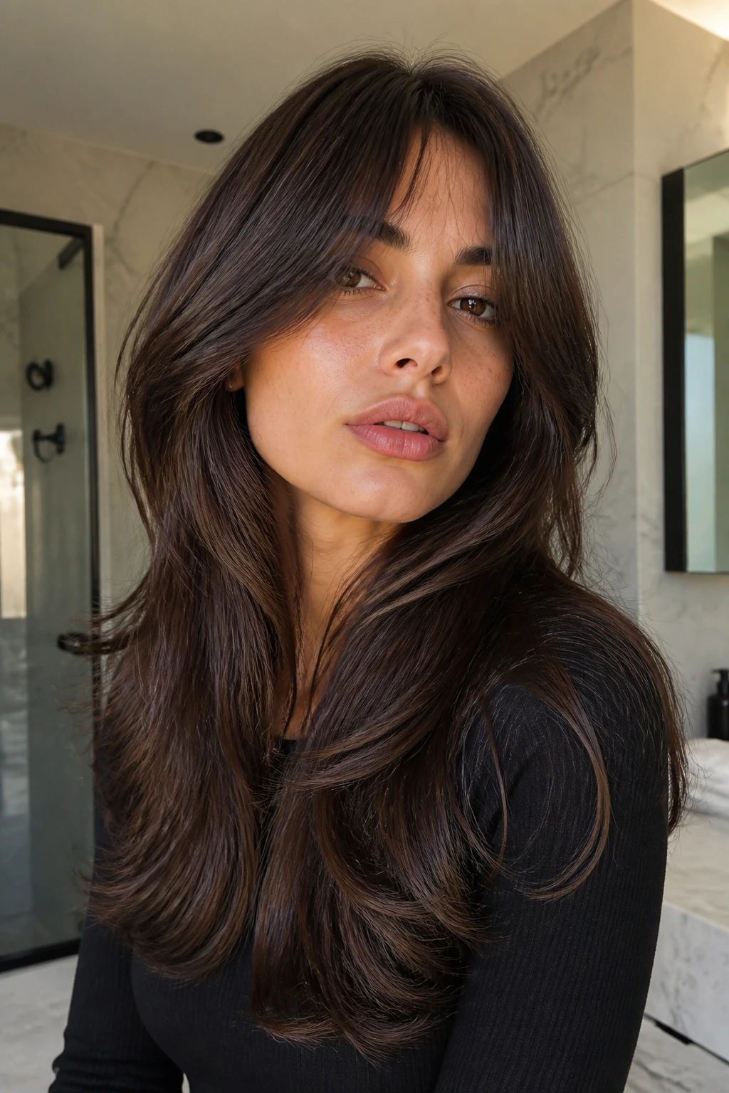 Portrait of a real person with Glossy Blowout Wolf hairstyle showing glossy shine.