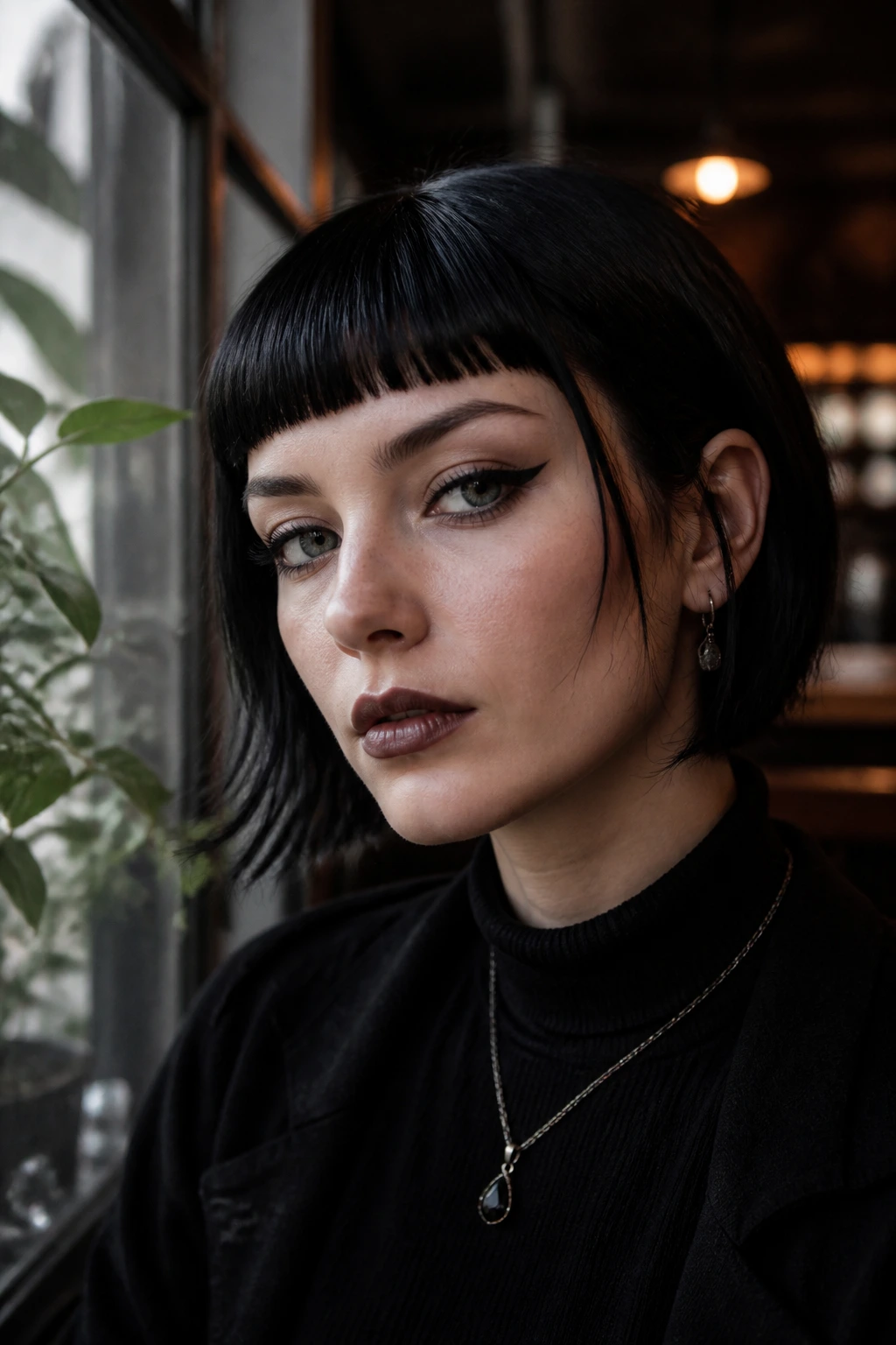 Close-up of a real person with glossy blunt fringe on dark hair in a cafe setting