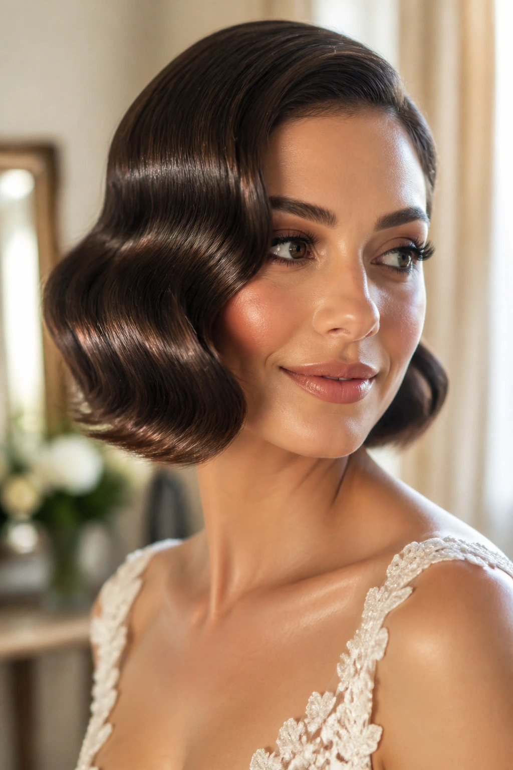 Glossy chin-length bob on a real bride in a sunlit bridal suite.