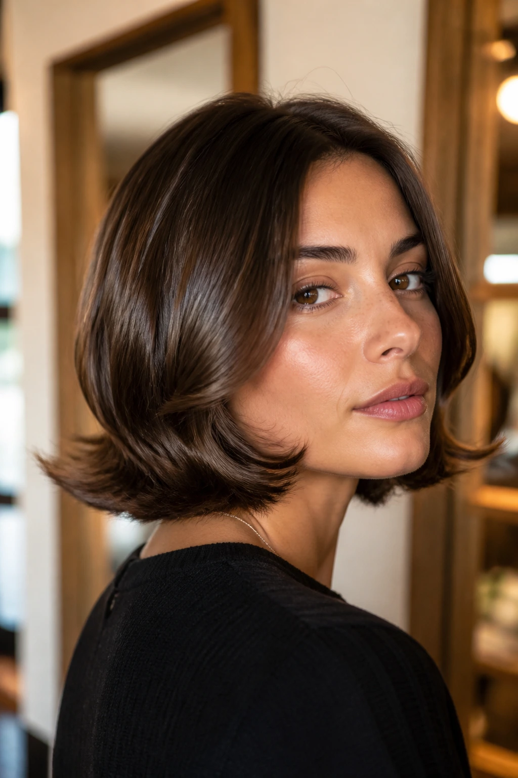 Close-up portrait of a real woman with glossy brunette bob and flipped ends.