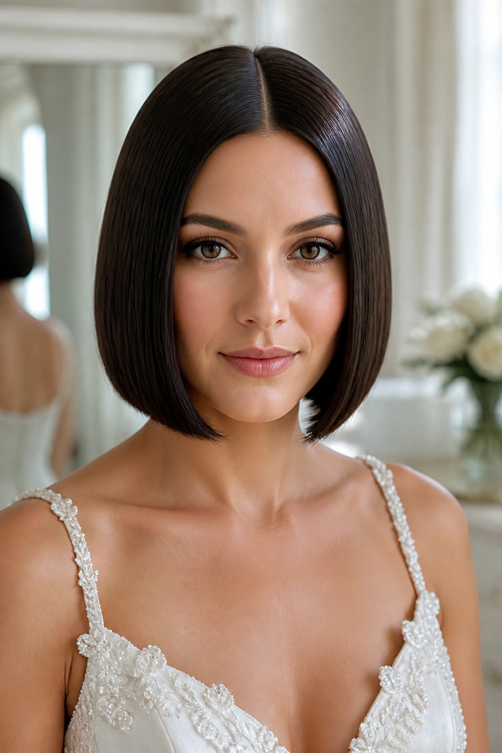 Close-up portrait of a real bride with a glossy center-part glass bob