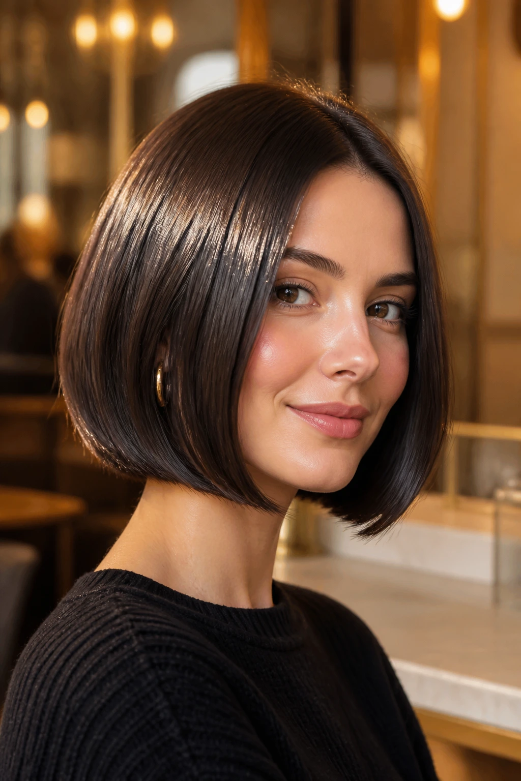 Portrait of a real woman with a glossy finish bob showing a sleek, shiny hairstyle.