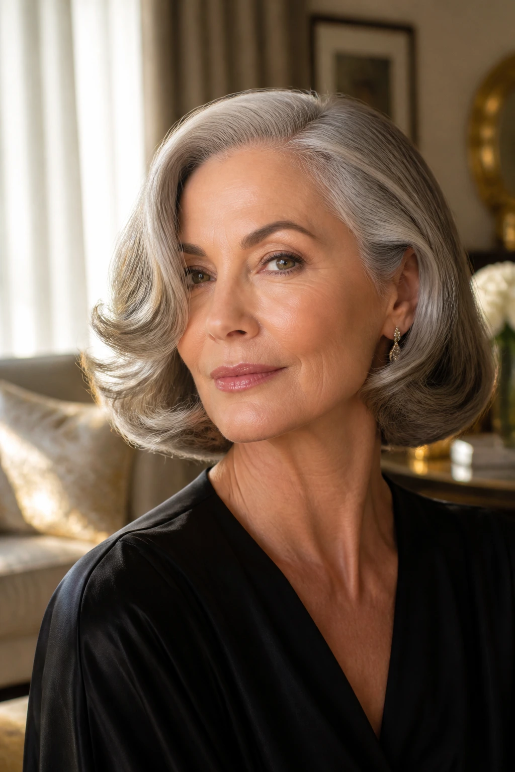 Close-up of a real woman with a glossy Hollywood bob and side part in warm living-room light