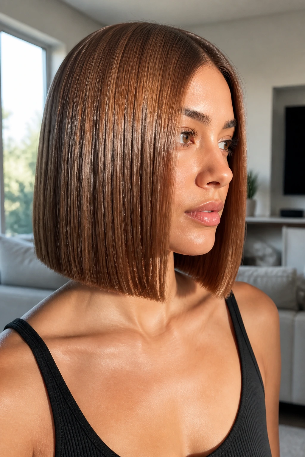Portrait of a person with a glossy bronze straight cut and crisp line.