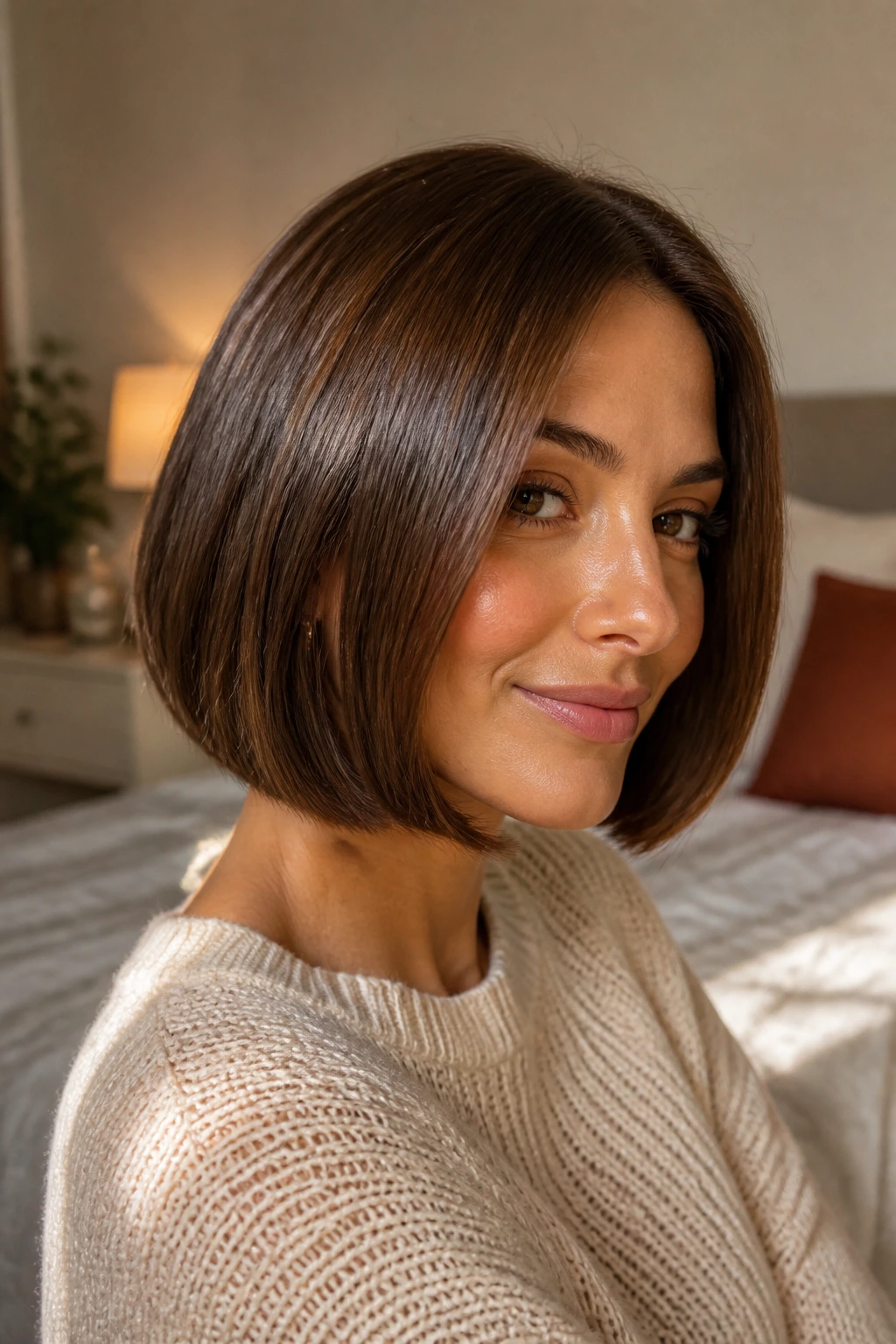 Portrait of a woman with a glossy brown bob under warm indoor light.
