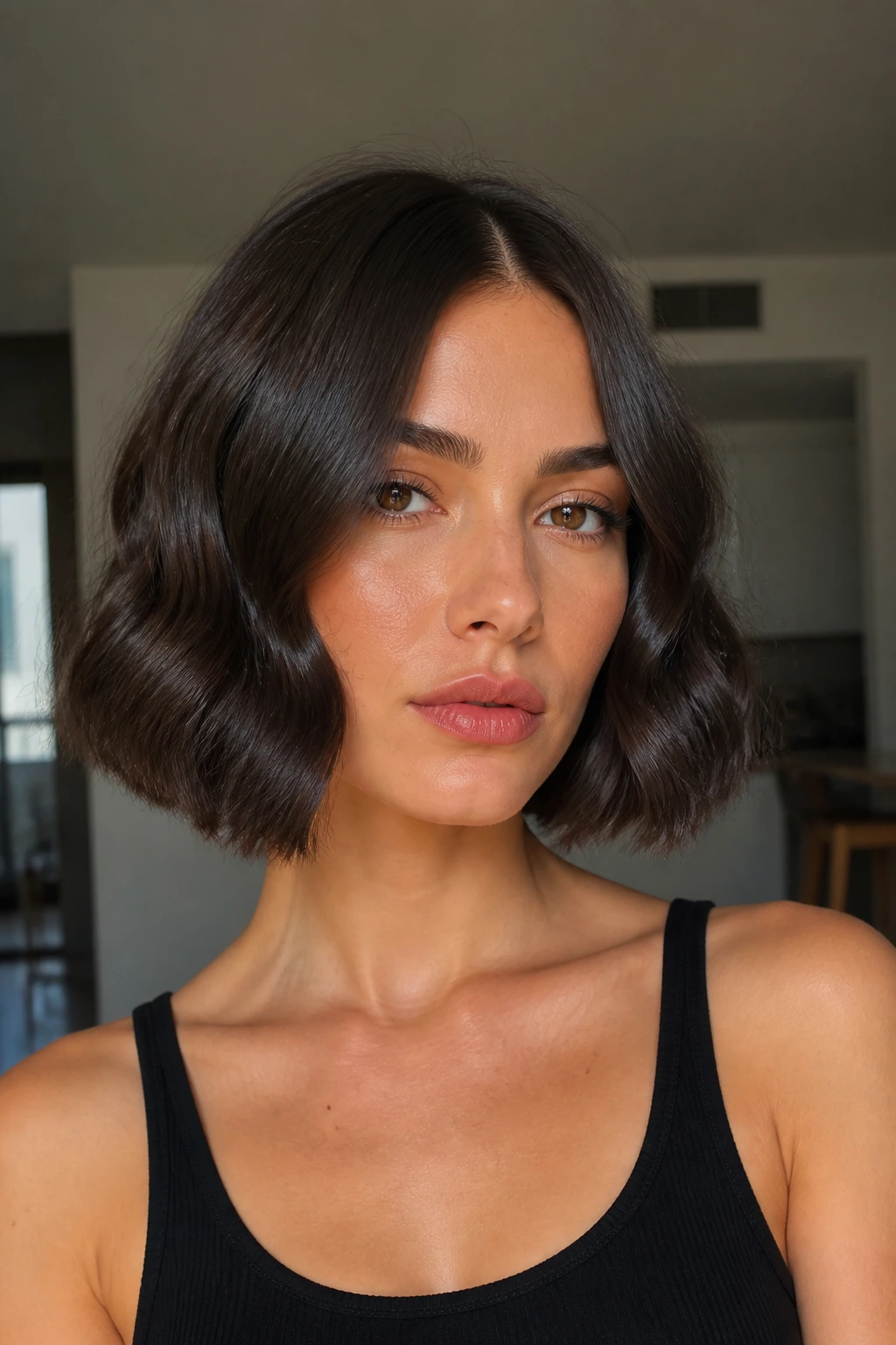 Real woman with center-part glossy brunette Italian bob in soft light