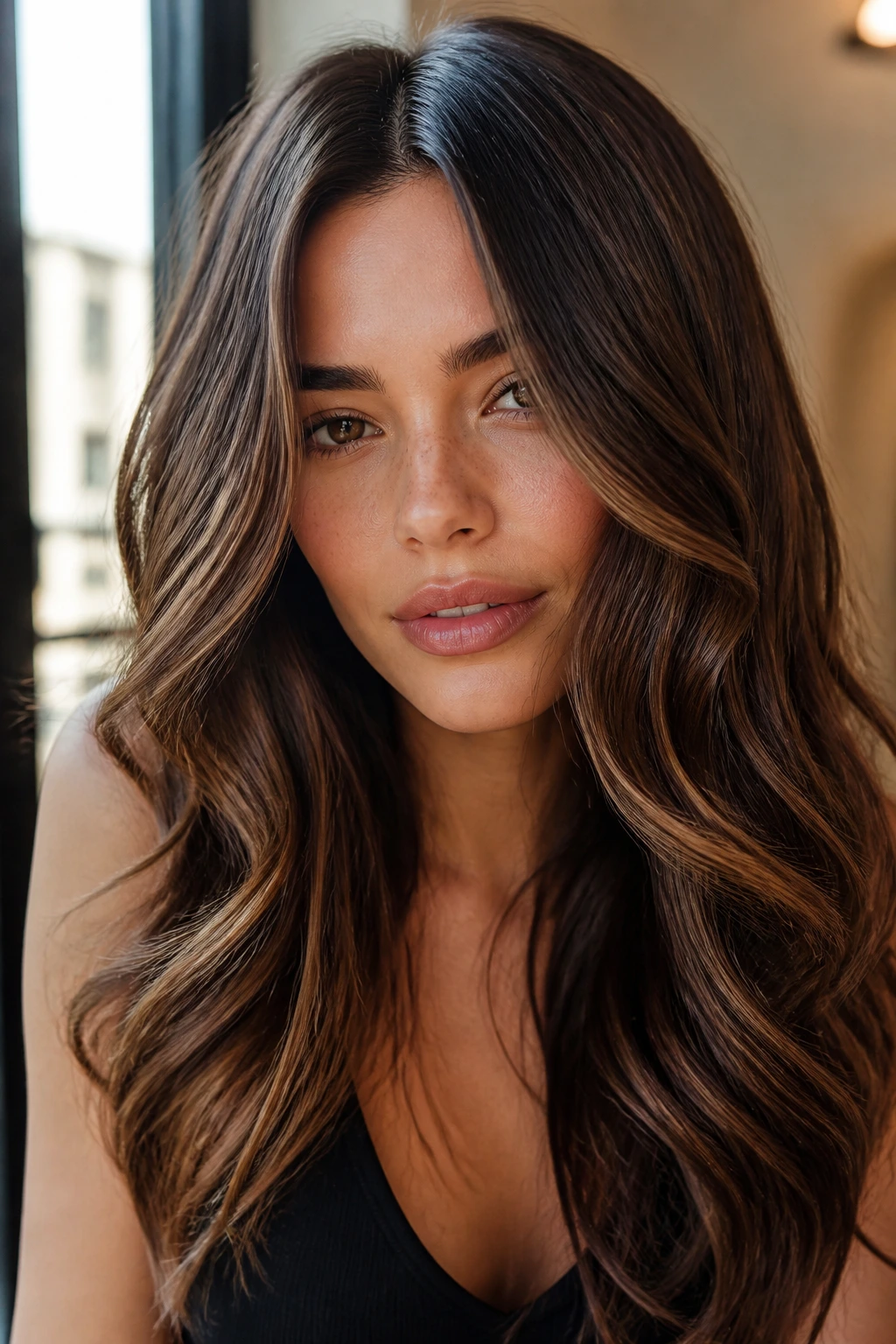 Portrait of a woman with center-parted glossy brunette hair and soft bends, lit by natural window light.